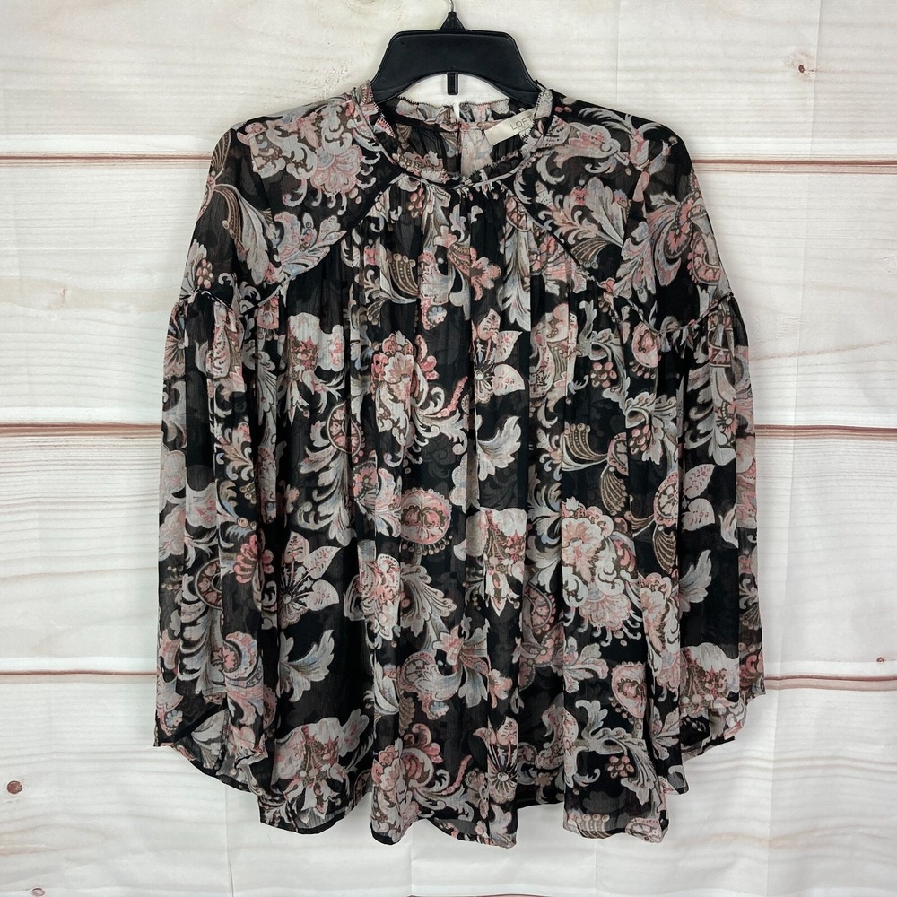 LOFT Top Womens S M Paisley Swing Blouse Kimono Sleeve Pullover Mock Neck Woven